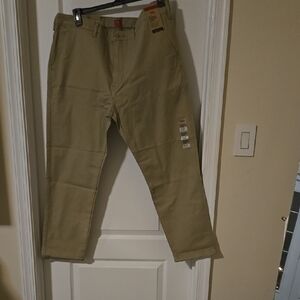 Tan Chino Pants with Cropped Length and Belt Loops